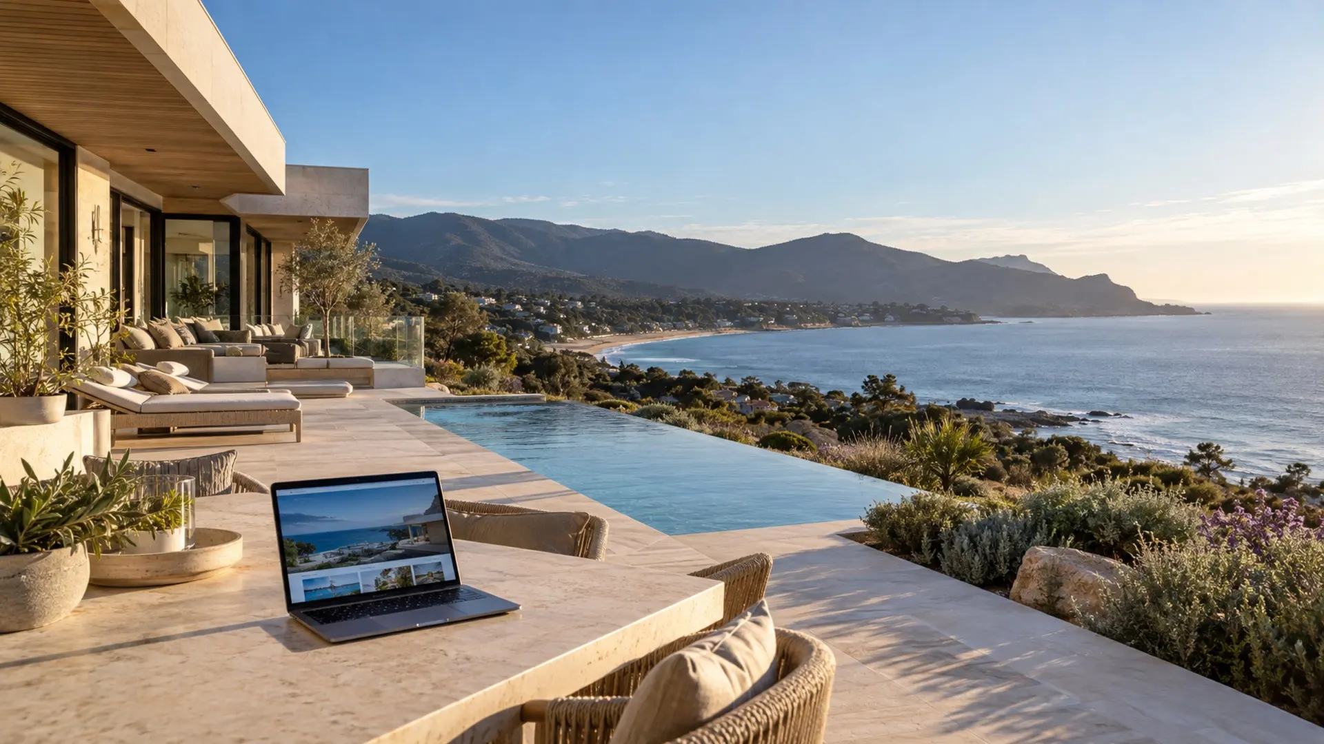 Laptop with a client website on a terrace with an infinity pool facing the Chilean coast