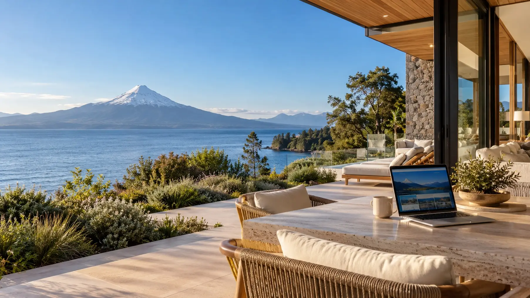 Marketing dashboard on a laptop at a terrace overlooking a volcano and lake in southern Chile
