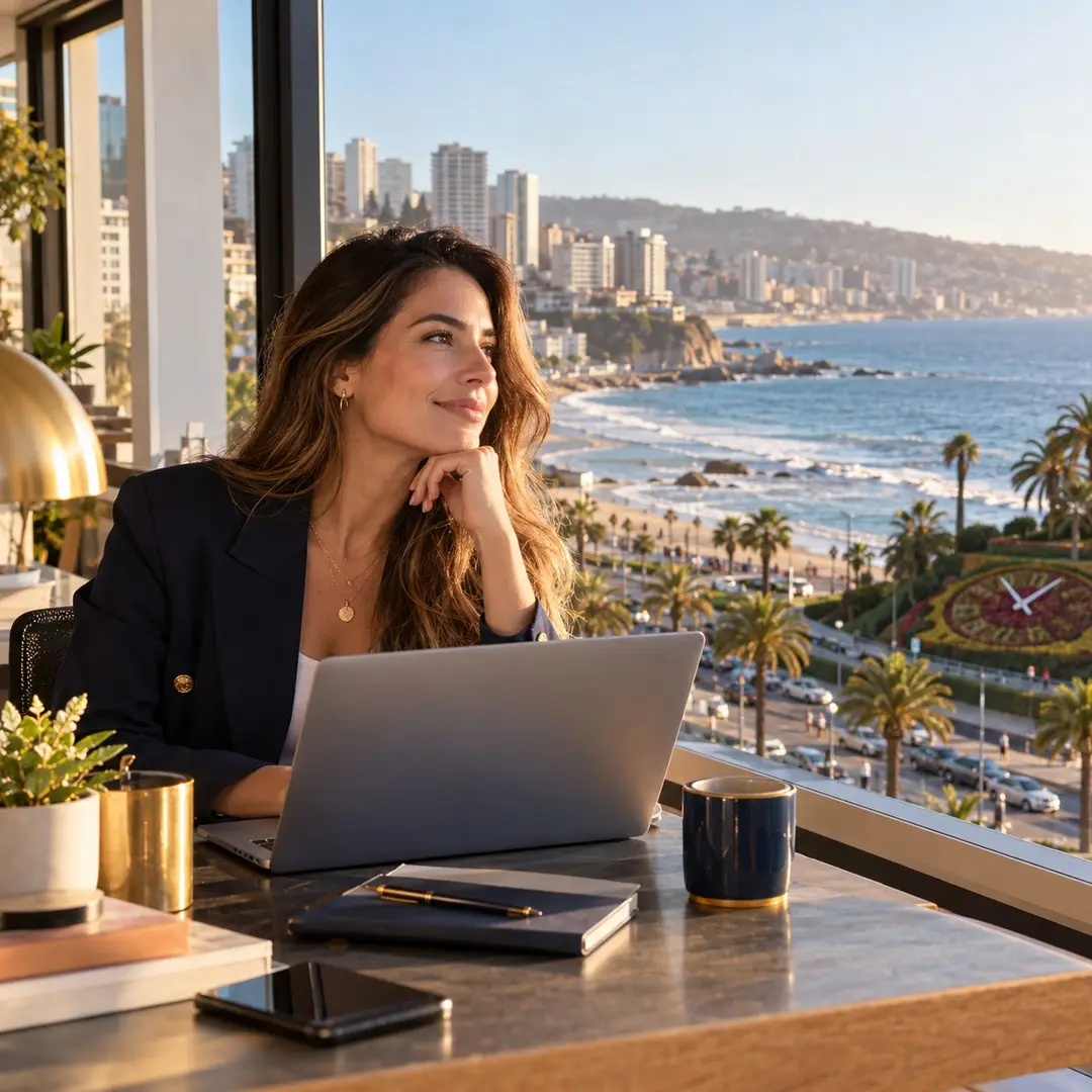 Especialista en marketing digital trabajando con vista a Vi&ntilde;a del Mar