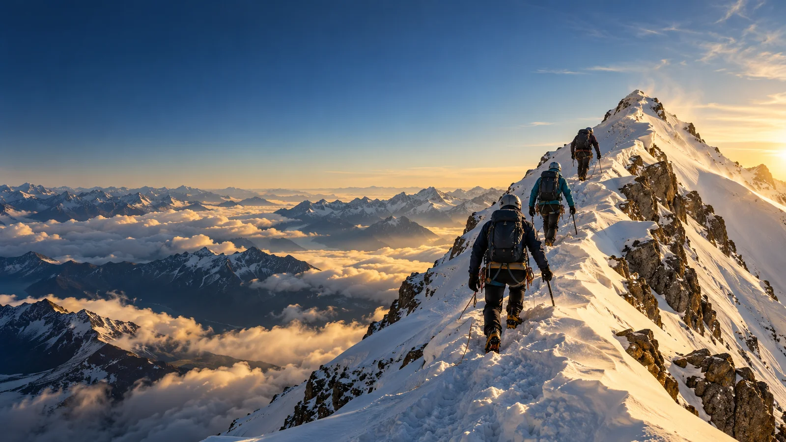 Mountaineers reaching the summit in the Chilean Andes