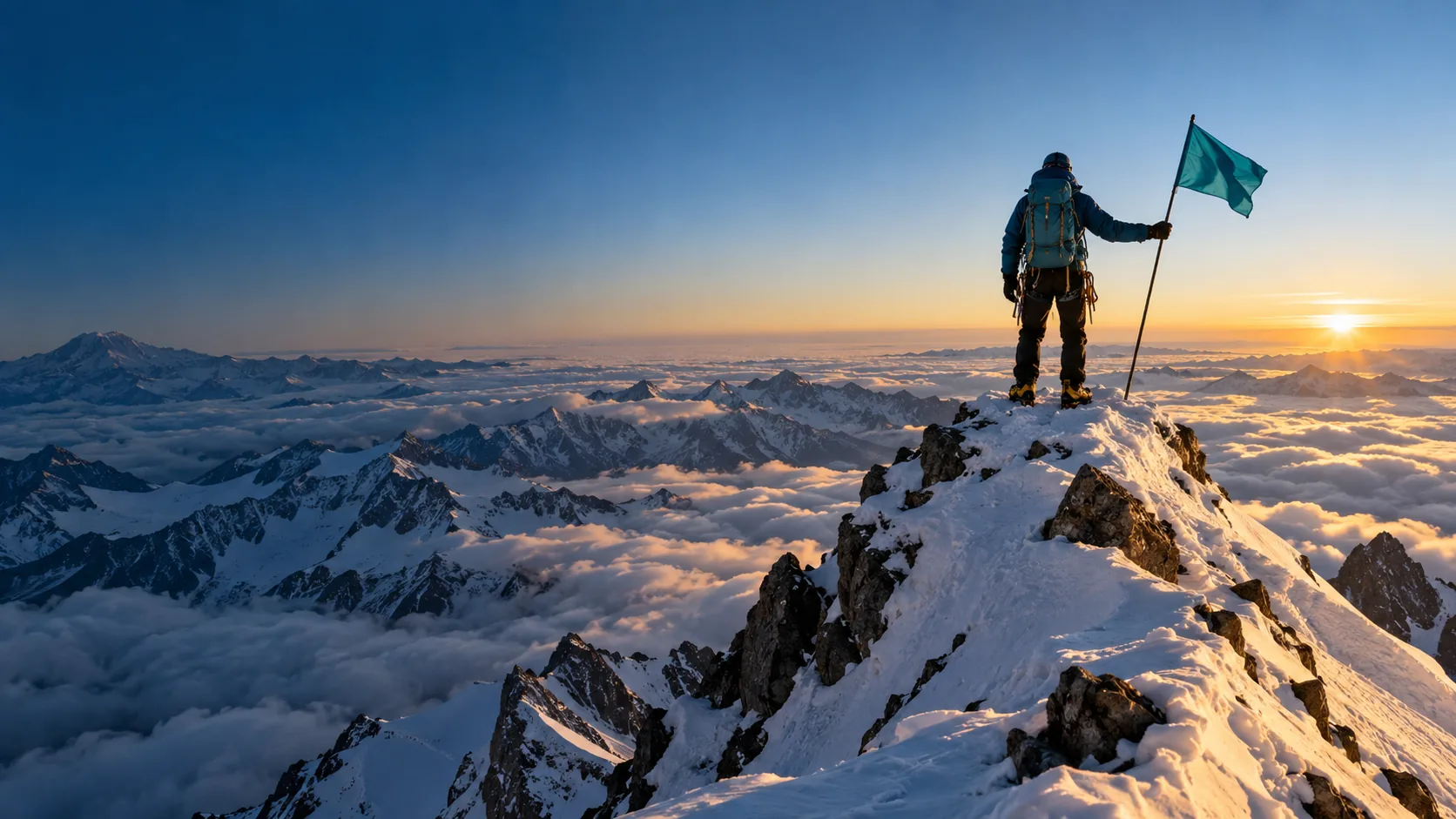 Mountaineer reaching a snowy Andean summit above the clouds