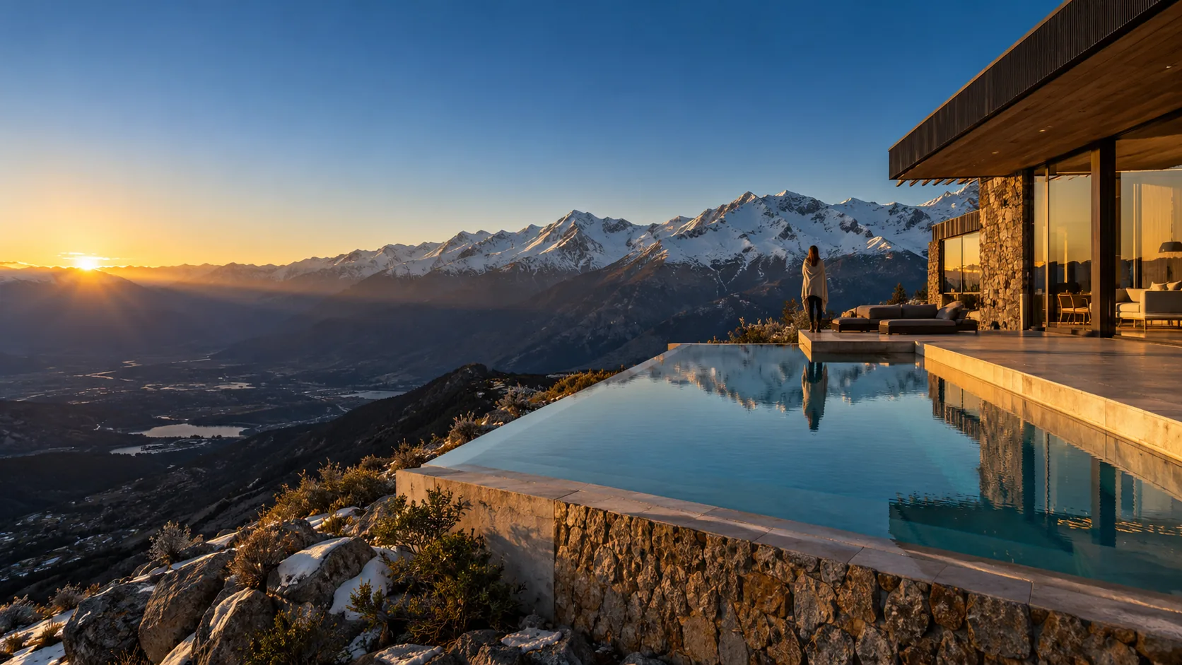 Luxury modern house in the Chilean Andes foothills at golden hour